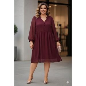 Sandra Darren Burgundy Swiss Dot Shift Dress Balloon Sleeves Womens Size 24W
